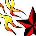 Nautical star with flames eitherside.  Would fit the lowerback and lower abdomen area very well..